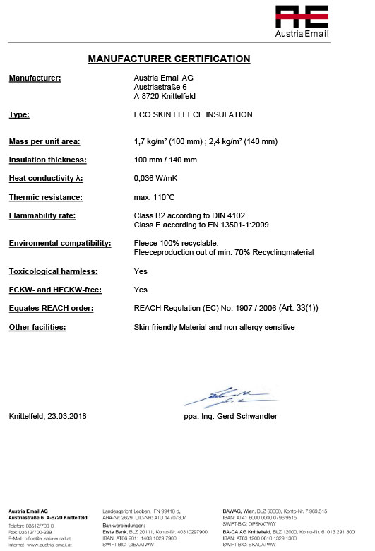 AUSTRIA EMAIL: ECO SKIN INSULATION CERTIFICATE
