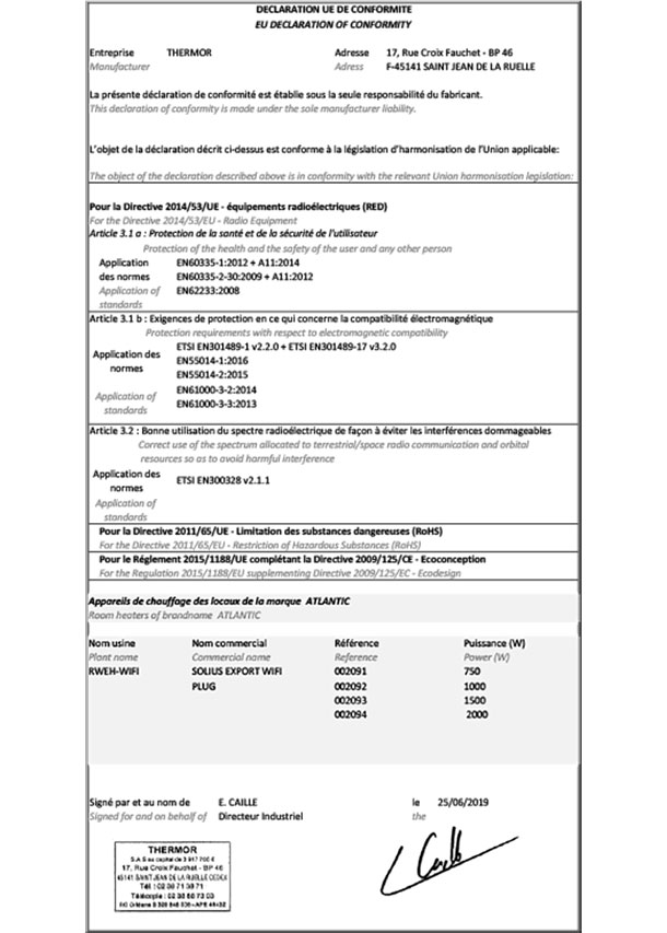 ATLANTIC: DECLARATION OF CONFORMITY TO SOLIUS DIGITAL WIFI