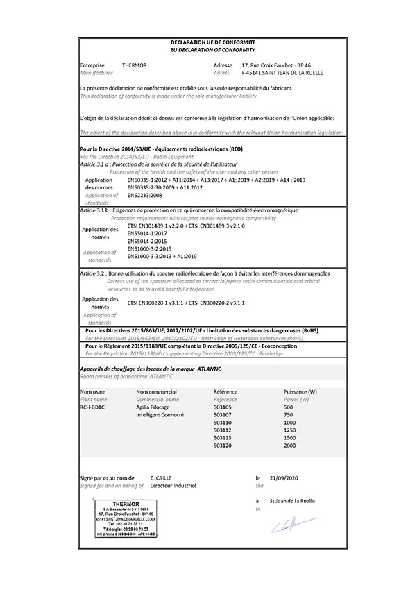 ATLANTIC: DECLARATION OF CONFORMITY AGILIA SMART