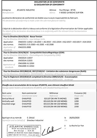DECLARATION OF CONFORMITY FOR BOILERS O'PRO 150-200 L