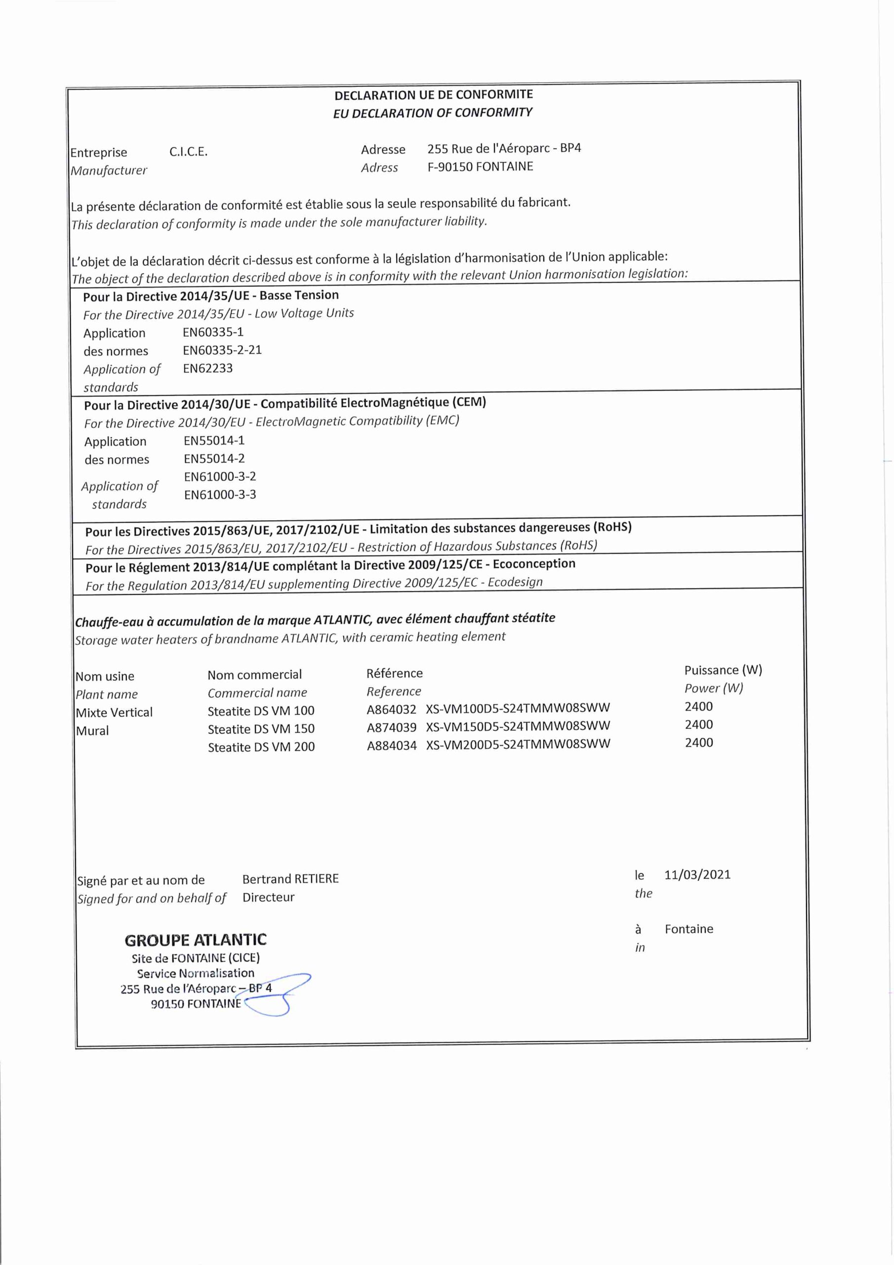 Declaration of Conformity Combi Steatite 100-200 L