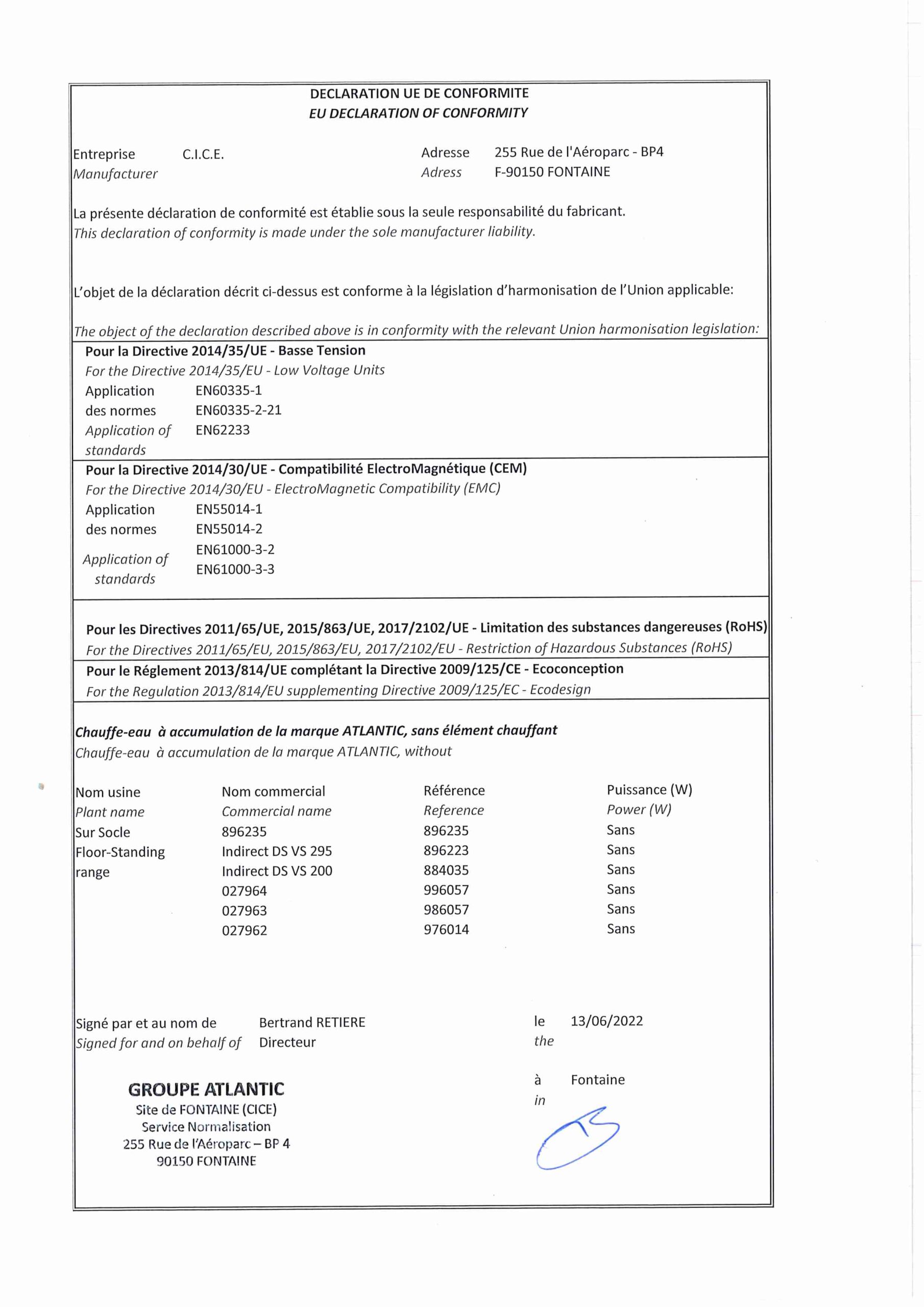 Declaration of Conformity Combi Steatite 300 L