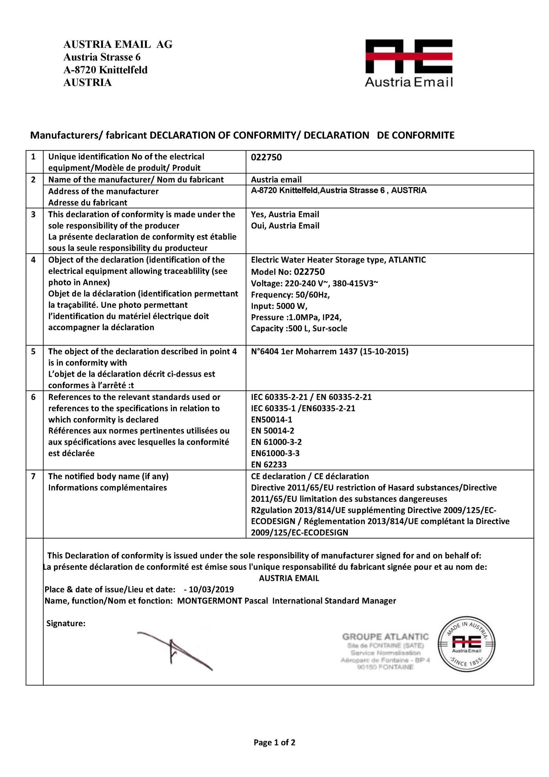 DECLARATION OF CONFORMITY O'PRO 500 L