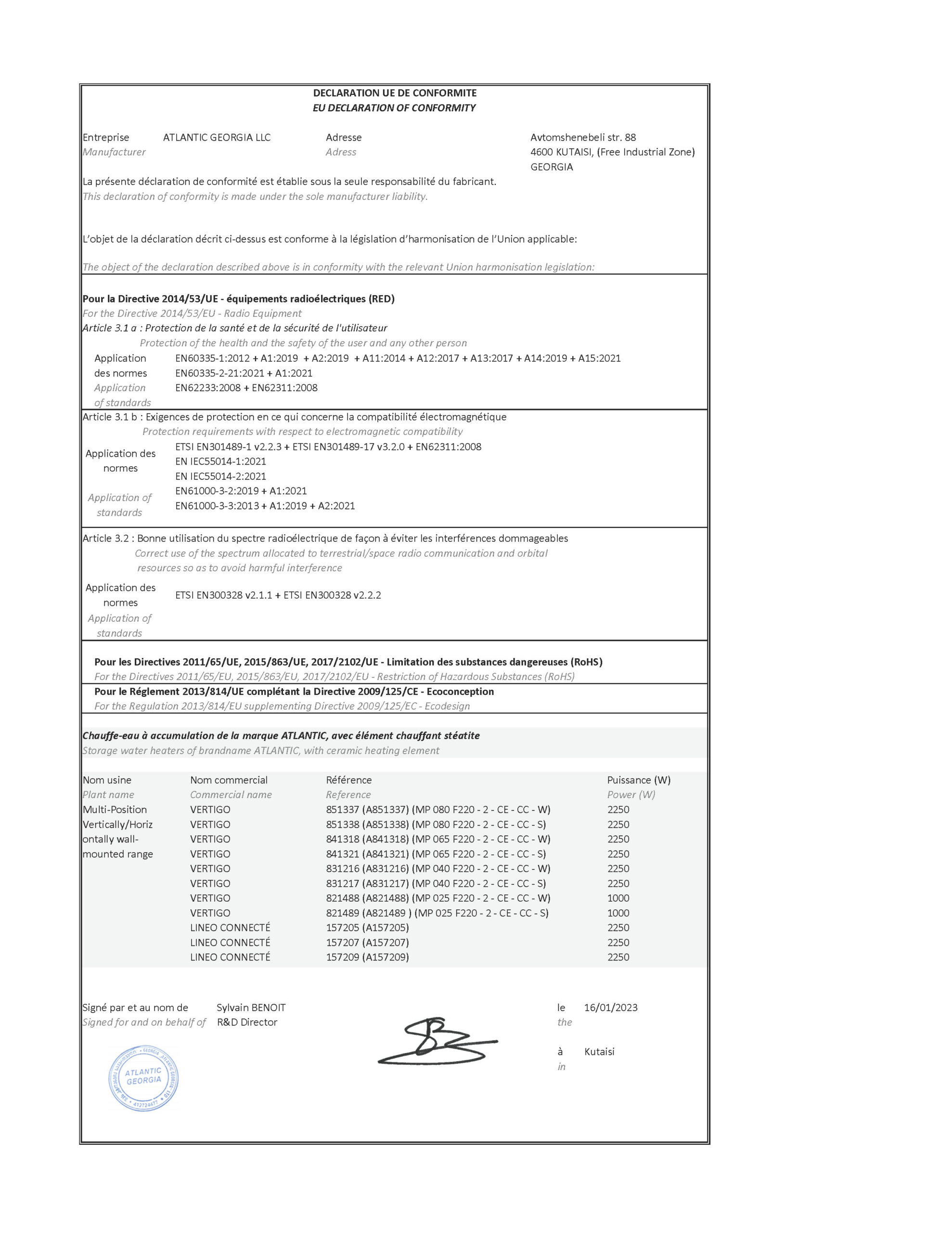 Declaration of Conformity VERTIGO Wi-Fi 2023