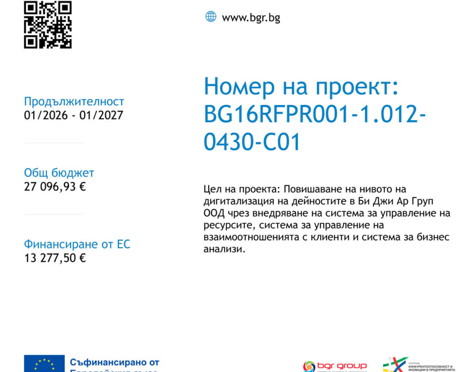 "Би Джи АР Груп" ООД подписа административен договор за безвъзмездна финансова помощ по програма „Конкурентоспособност и иновации в предприятията“ 2021-2027.